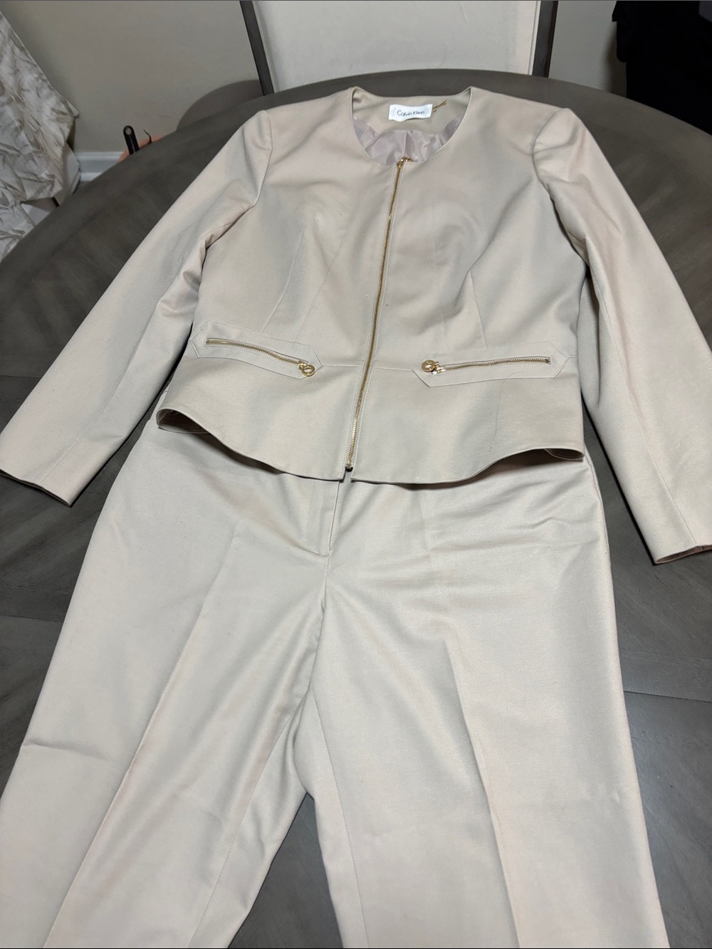Calvin Klein Classic Women's khaki Two-Piece Pantsuit with Gold Accents
